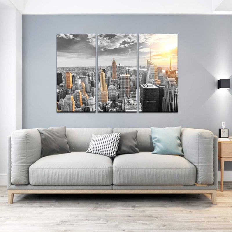 LevvArts Large 3 Piece New York City Canvas Wall Art Modern Black and White NYC at Gold Sunset Picture Prints Cityscape Skyline Poster Framed for Home Office Living Room Decor - Image 2